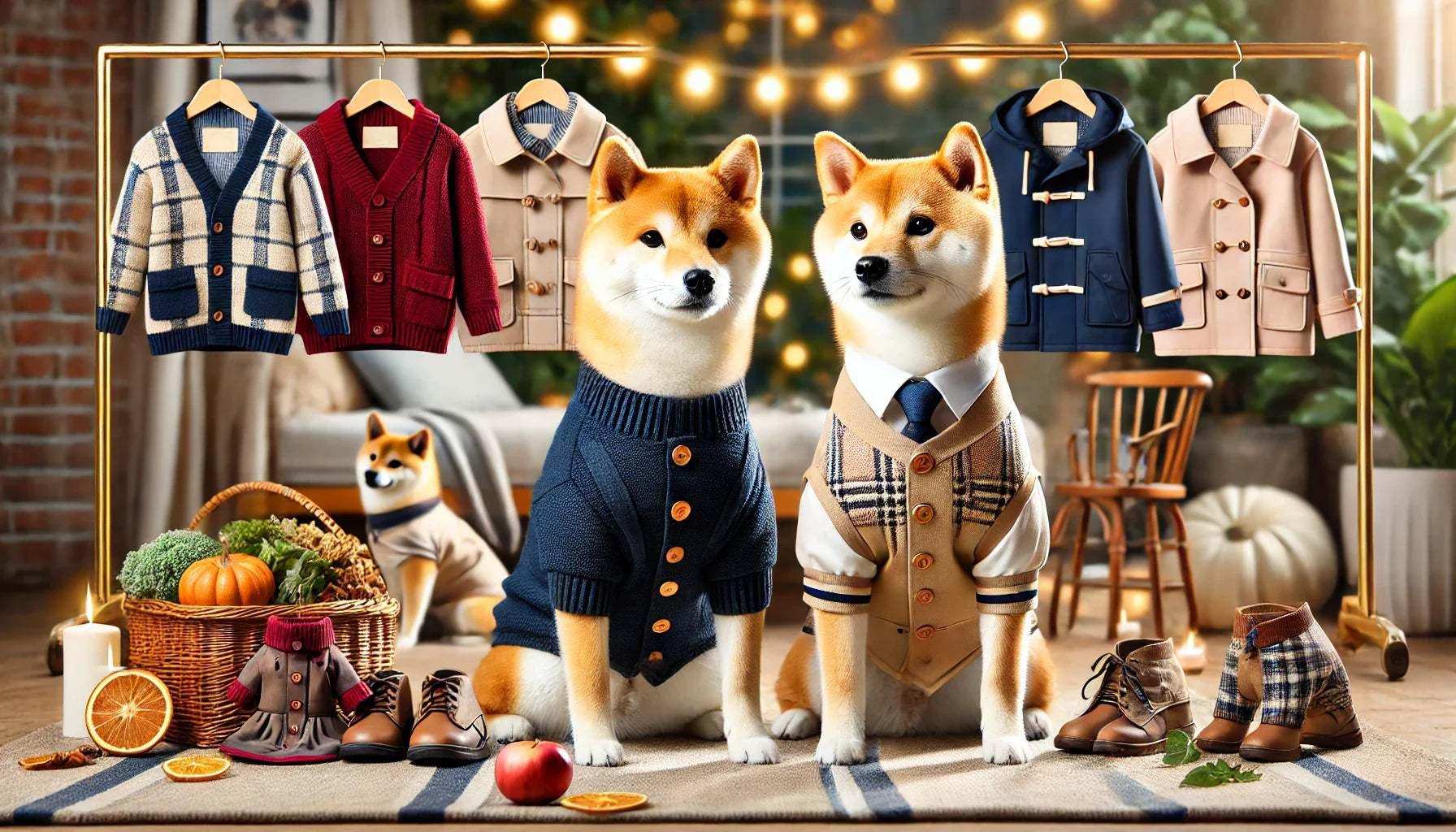 Shiba Inu che indossa cappotti, maglioncini e impermeabili eleganti in un ambiente all'aperto. Abbigliamento su misura, confortevole e di tendenza per il tuo cane.
