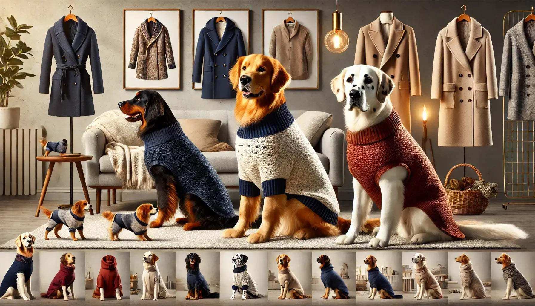 Golden Retriever, Dalmata e Setter Inglese con cappotti e accessori eleganti in un ambiente all'aperto. Abbigliamento resistente e confortevole.