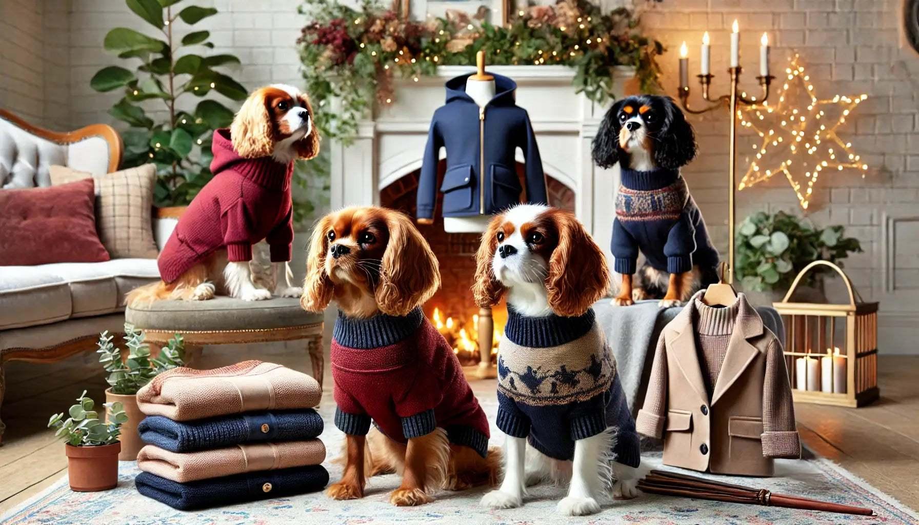 Cavalier King Charles Spaniel che indossa cappotti, maglioncini e impermeabili in un ambiente all'aperto. Abbigliamento confortevole e di tendenza per ogni stagione.