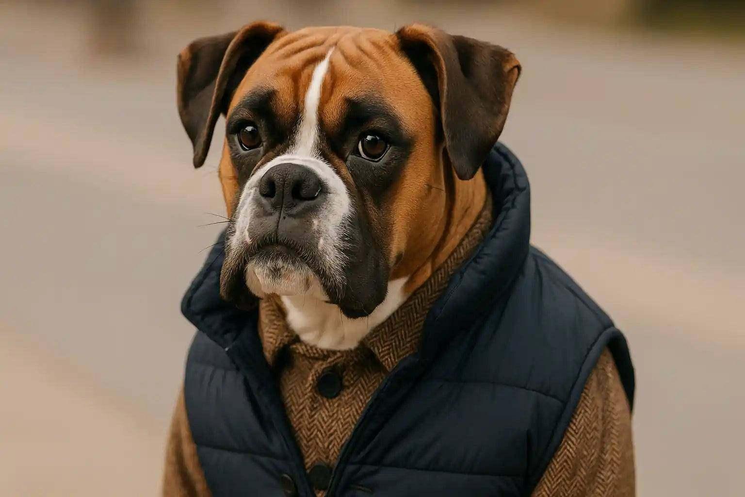 Boxer vestito con giacca imbottita blu e maglione marrone su sfondo urbano sfocato