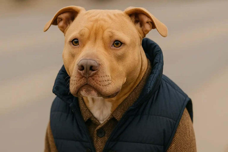 Pitbull color miele vestito con giacca imbottita blu e maglione tweed marrone su sfondo sfocato