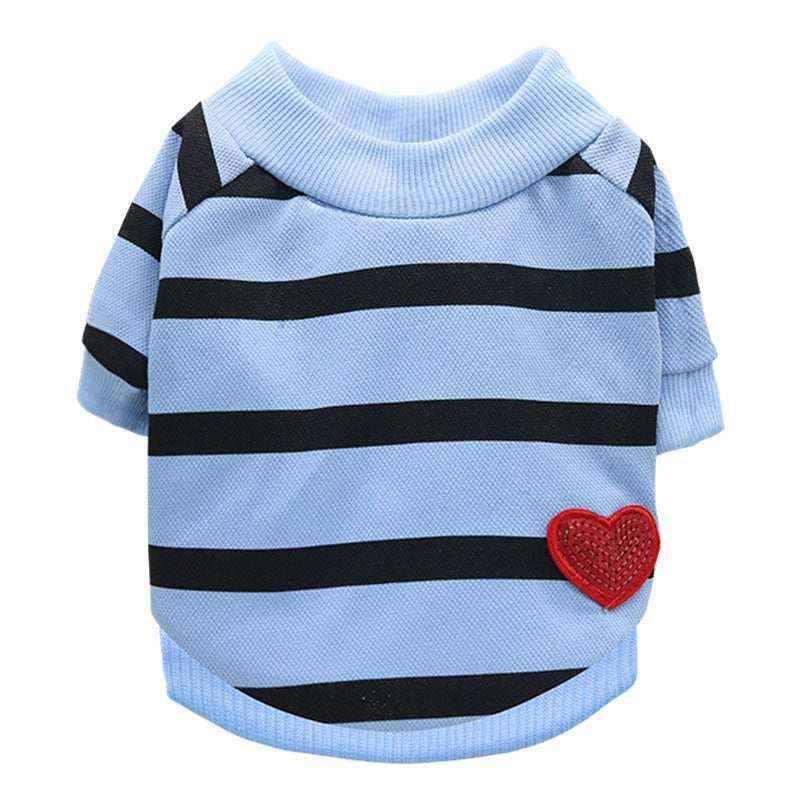 Blue and black striped pet sweater with red heart patch on white background