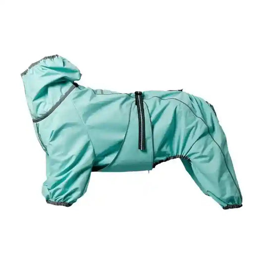 Light blue waterproof dog raincoat with hood and elastic cuffs, isolated on white background