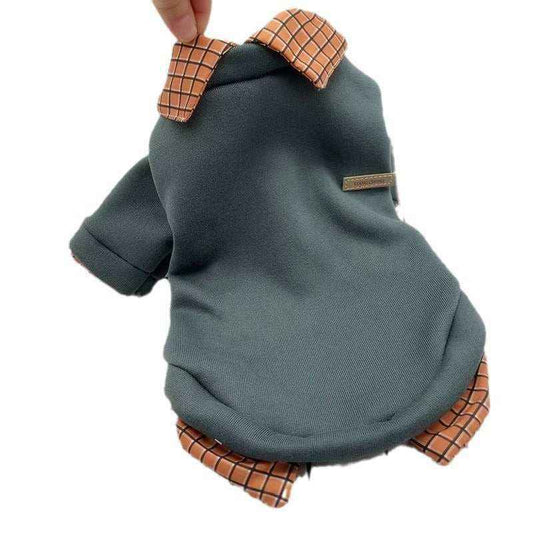 Dark gray pet sweater with contrasting orange checkered collar and cuffs held by hand