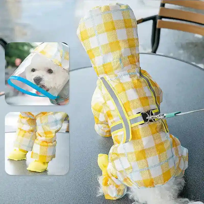 Small white dog wearing yellow checkered waterproof raincoat with hood and booties on outdoor table