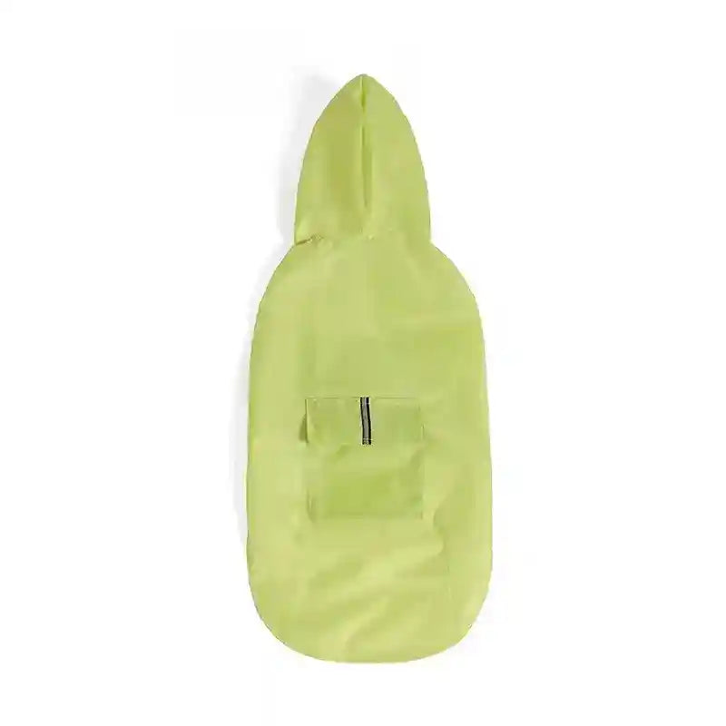 Light green waterproof dog raincoat with hood and small reflective strip on back pocket