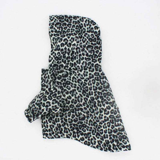 Leopard print hooded balaclava mask with black and gray spots on white background