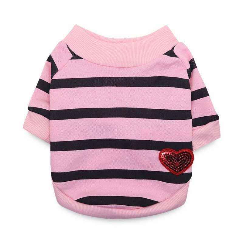 Pink pet sweater with black horizontal stripes and a red sequined heart patch