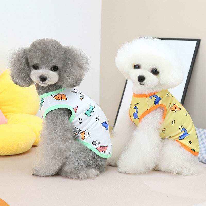 Maglia per cani con stampa dinosauri – colore giallo, blu o bianco