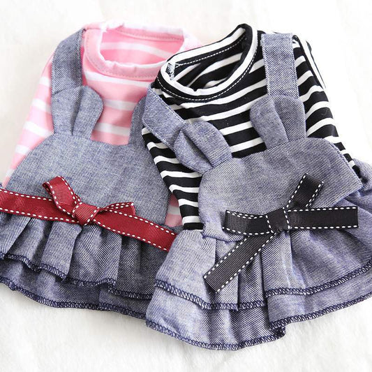 Vestito Righe e Salopette Jeans per Cani - Fiocco by Dog Moda