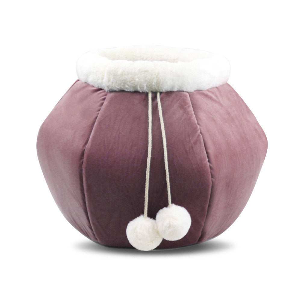 Hexagonal "Sleeping Bag" Cat Bed with Drawstring and Pom Poms