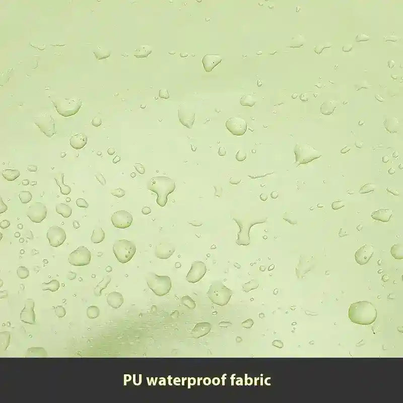 Close-up of PU waterproof fabric with water droplets on light green surface
