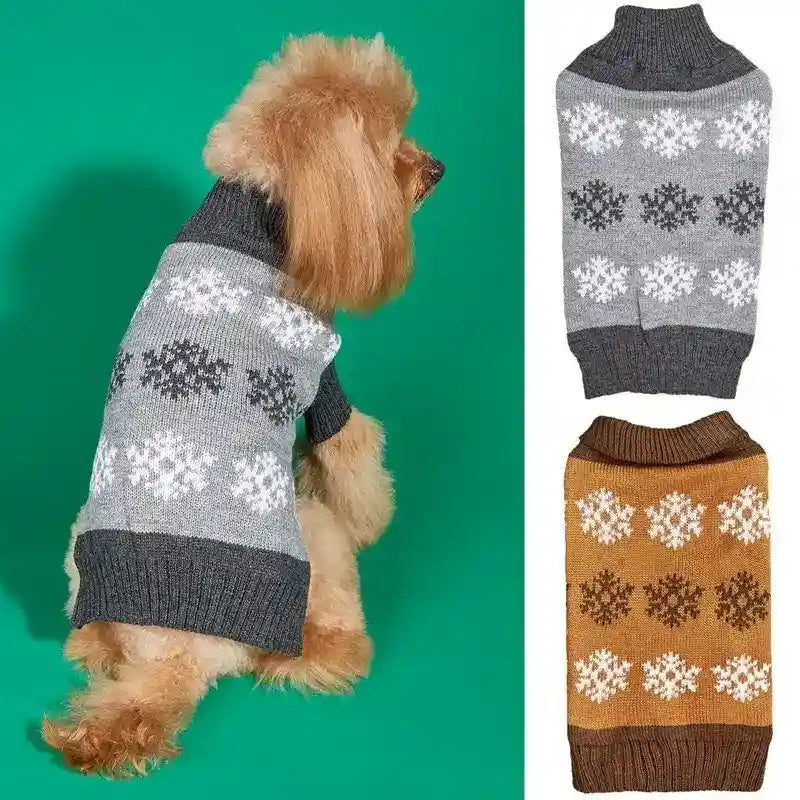 Small dog wearing gray knit sweater with white and black snowflake pattern, plus gray and brown sweaters with snowflakes