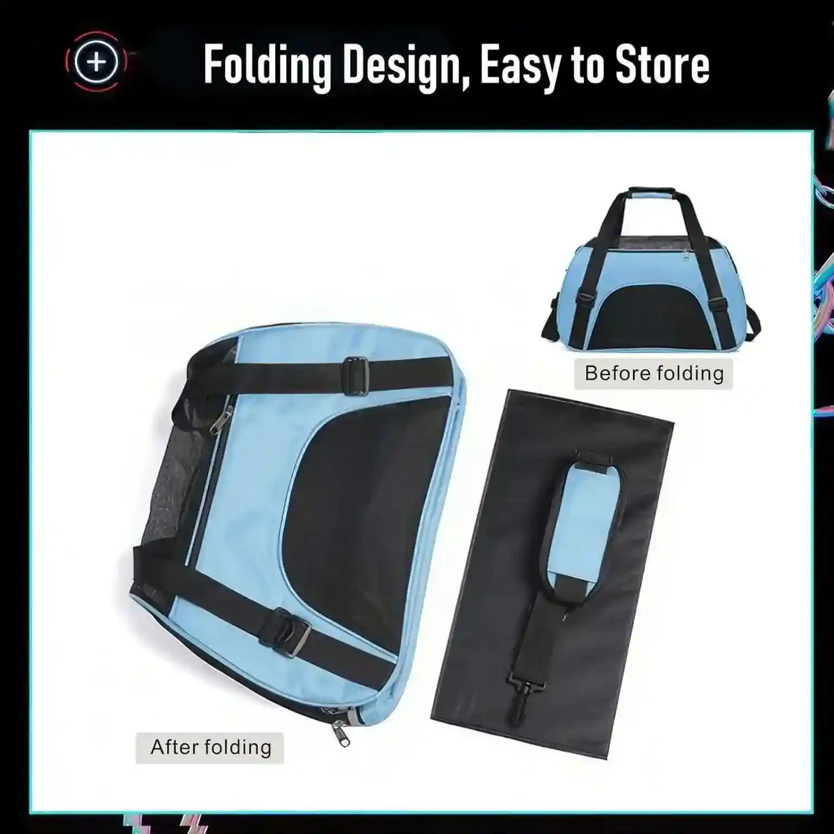 Blue and black foldable pet carrier bag shown before and after folding for easy storage