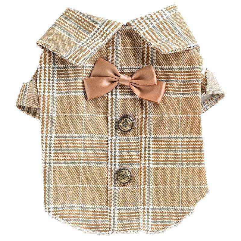 Beige plaid dog vest with collar, two buttons, and a brown bow tie accessory