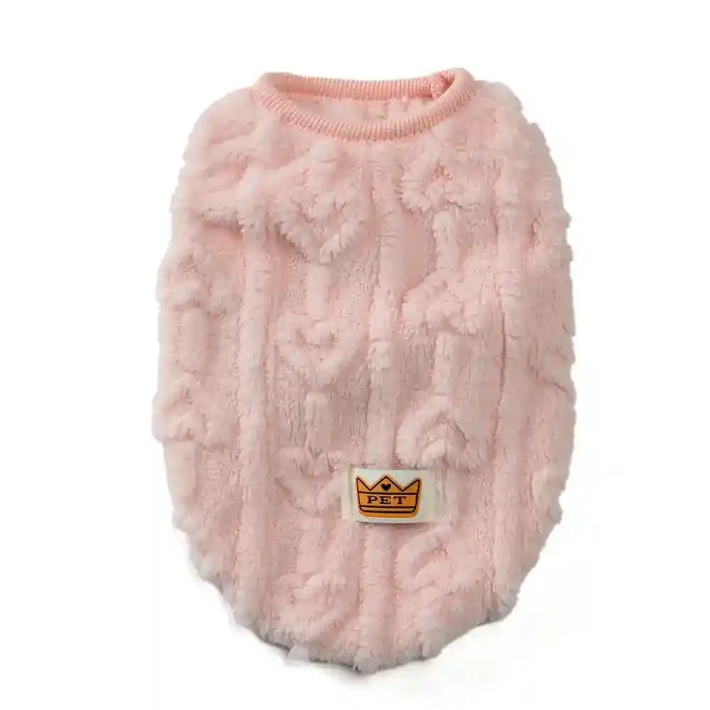 Soft pink plush pet sweater with heart patterns and a PET crown logo patch