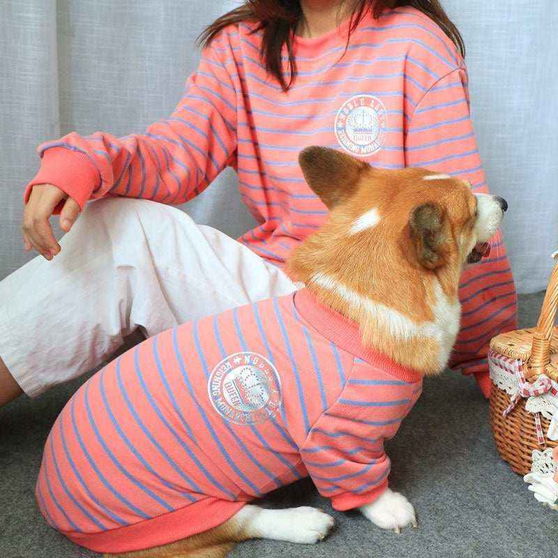 Corgi dog and person wearing matching pink and blue striped shirts sitting indoors with a wicker basket