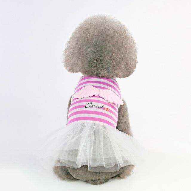 Gray poodle wearing a pink striped dress with wings and a white tulle skirt sitting facing away