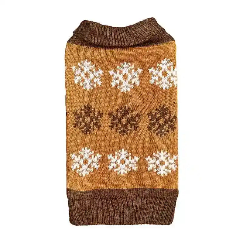 Brown and tan knit sweater with white and dark brown snowflake patterns, ribbed collar and hem
