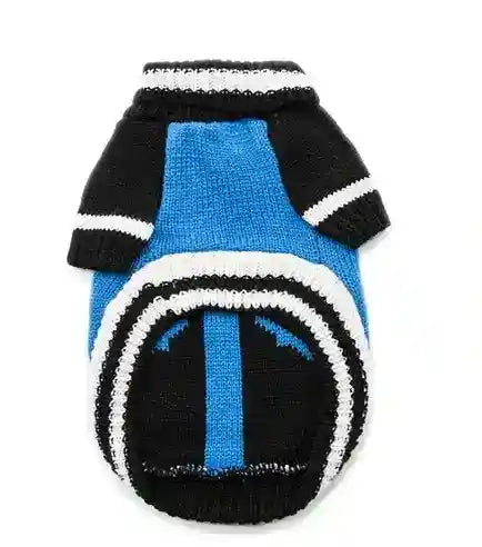 Blue and black knitted dog sweater with white stripes and short sleeves on white background