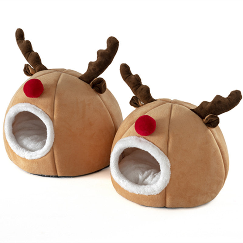 Christmas Dog and Cat House with Antlers and Red Nose Rudolph