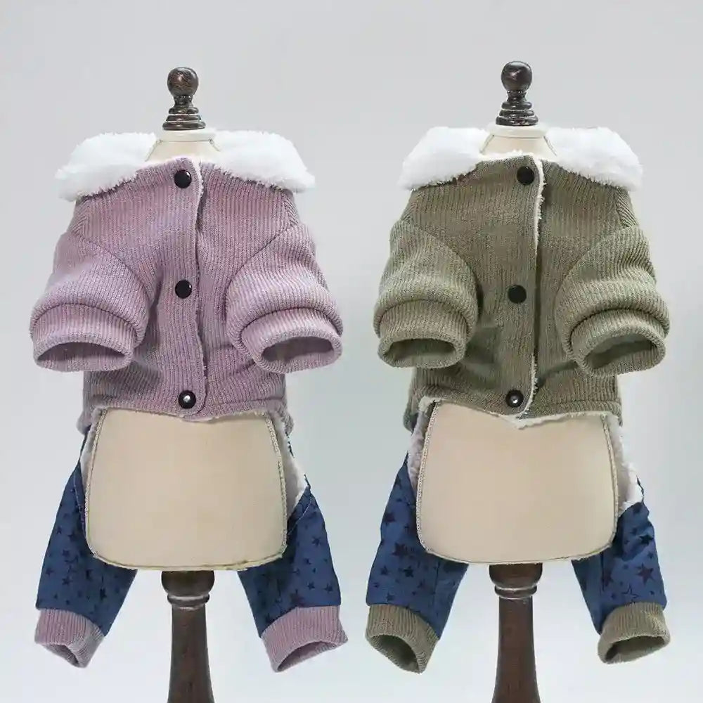 Two dog winter jackets on mannequins with fleece collars and star-patterned sleeves in pink and green
