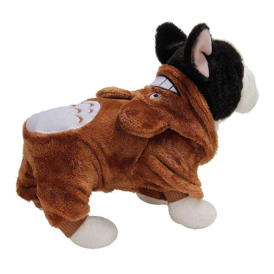 small dog wearing a brown plush hoodie costume with animal face and white belly patch