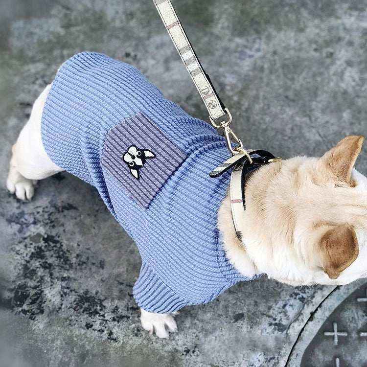 French Bulldog wearing a blue ribbed dog sweater with a cartoon dog patch, standing on concrete floor