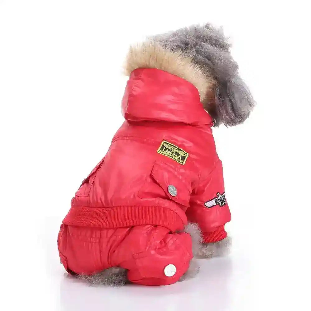 Small dog wearing red padded winter jacket with hood and fur trim, sitting on white background