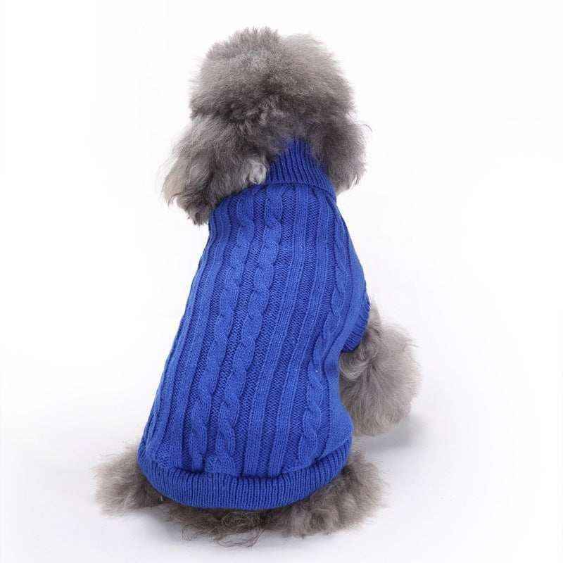 Small gray poodle wearing a blue cable knit dog sweater sitting facing away on white background