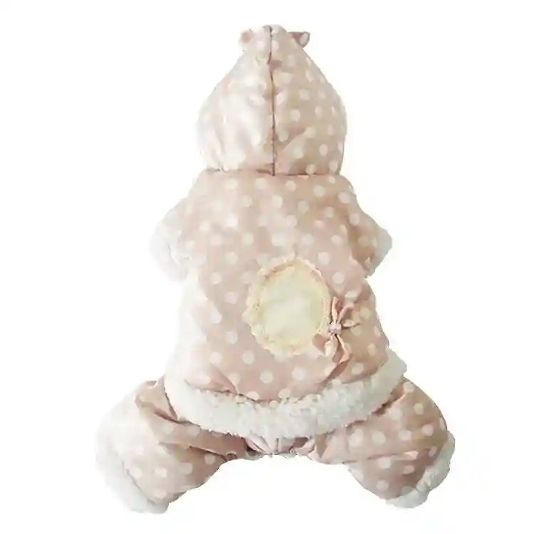 Pink polka dot dog winter jumper with hood and plush lining for small pets