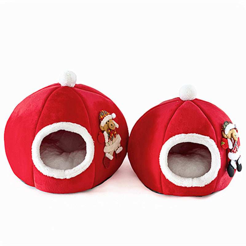 Round Christmas Cat and Dog House with Fleece Entrance and Removable Cushion
