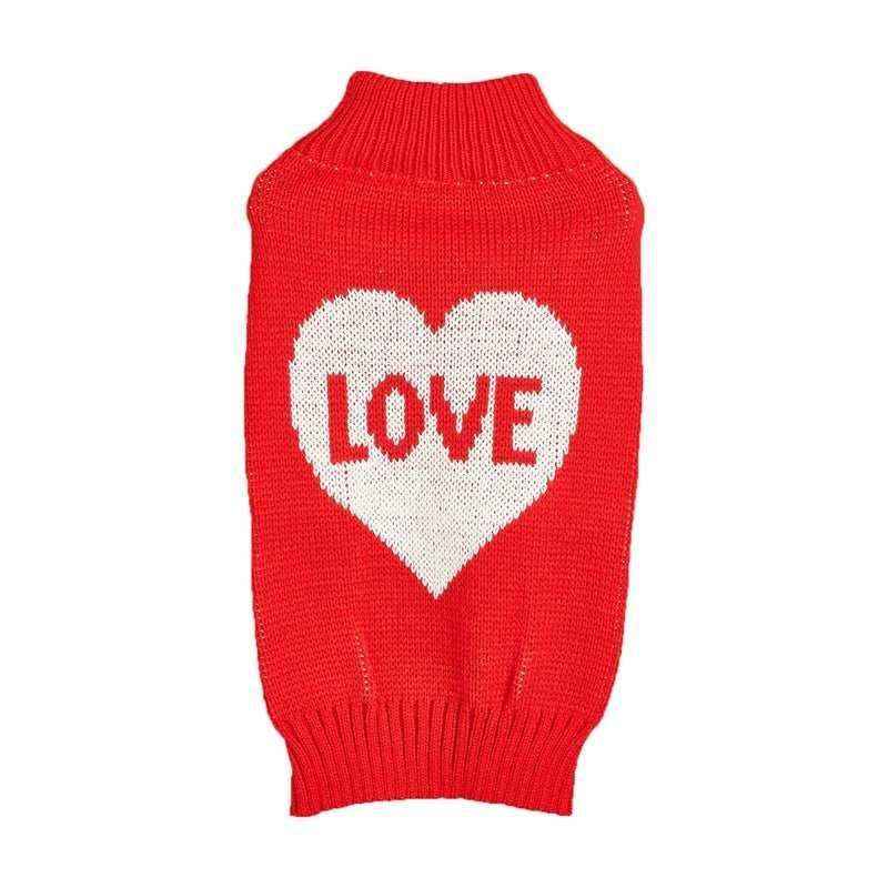 Red knit dog sweater with white heart and LOVE text design