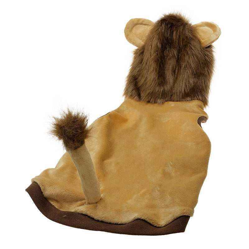 Plush lion costume with brown mane, ears, and tail on tan fabric against white background
