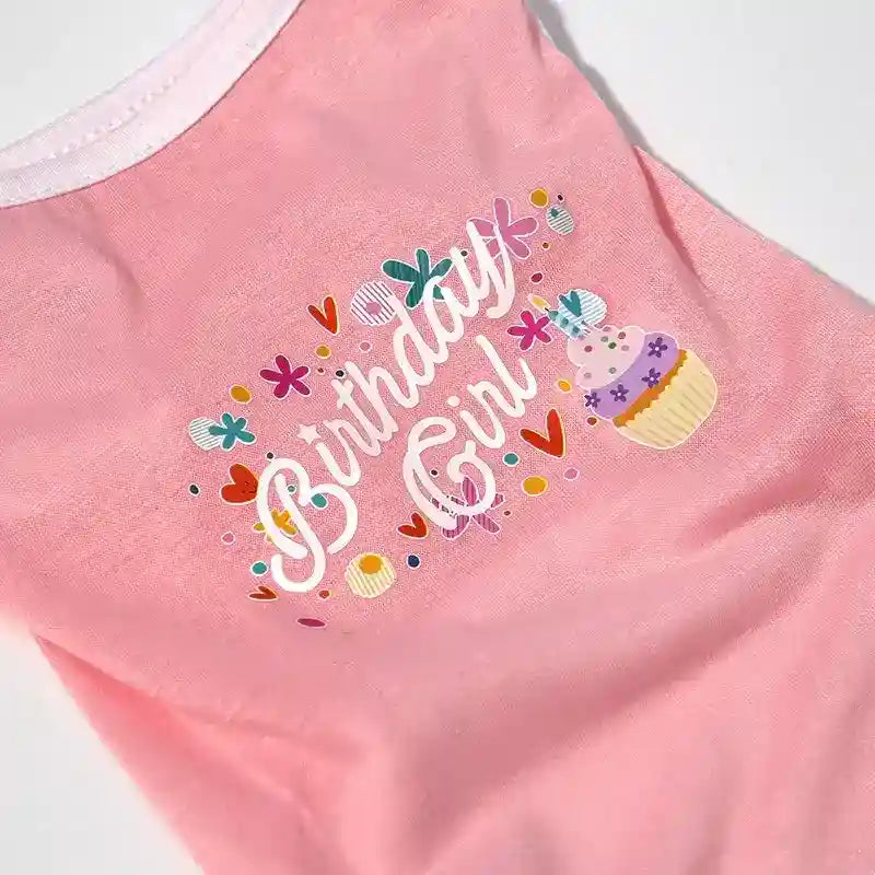 Pink birthday girl tank top with colorful cupcake and heart design