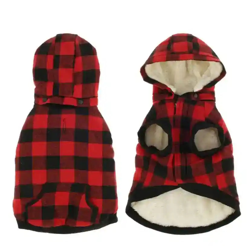 Cappottino per cani fantasia quadretti rosso-nero con cappuccio by Dog Moda