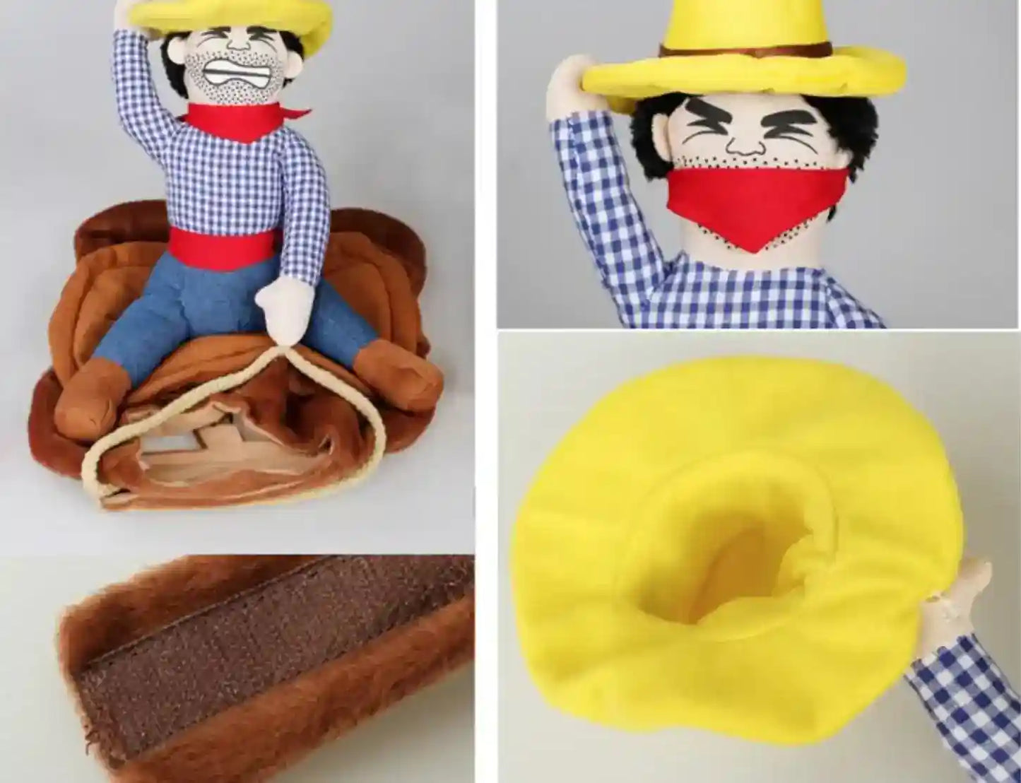 Plush cowboy doll with yellow hat, red bandana, blue check shirt, and brown saddle with velcro
