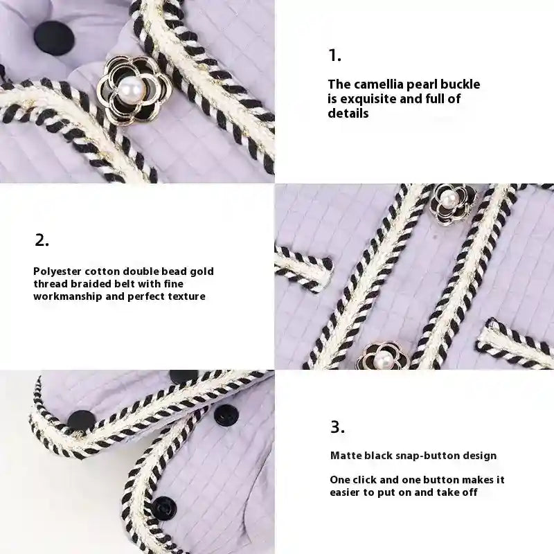 Close-up of a purple quilted fabric with black and white braided trim, camellia pearl buckle, and matte black snap buttons