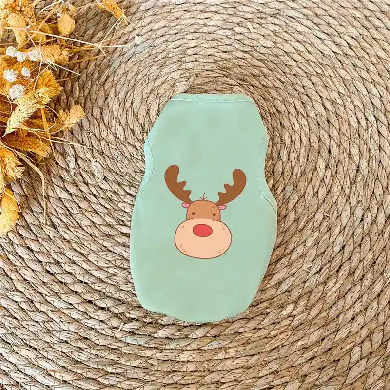 Light green pet shirt with cartoon reindeer print on woven rattan mat with dried flowers