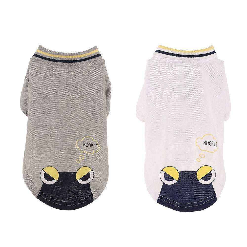 Two dog sweaters in gray and white with frog face design and HOOPET text