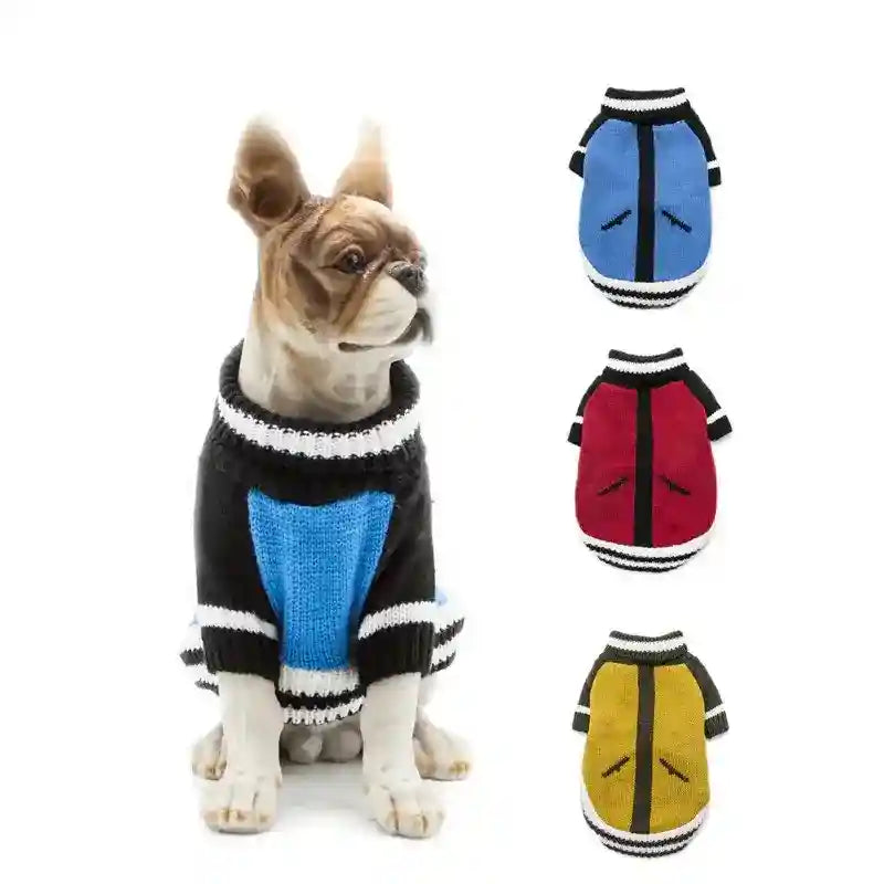 French bulldog wearing black and blue knit dog sweater, with additional red and yellow sweater options displayed