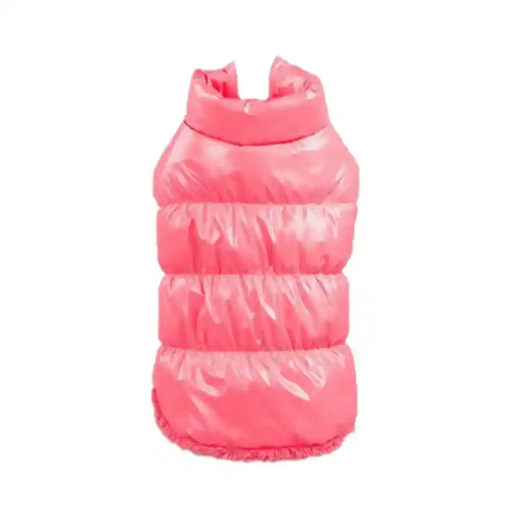 Bright pink shiny puffer dog vest with high collar and elastic hem