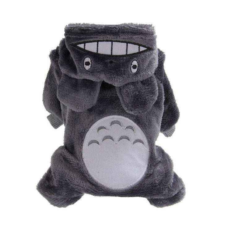 Plush dark gray pet hoodie with a smiling face, eyes, and light gray belly design