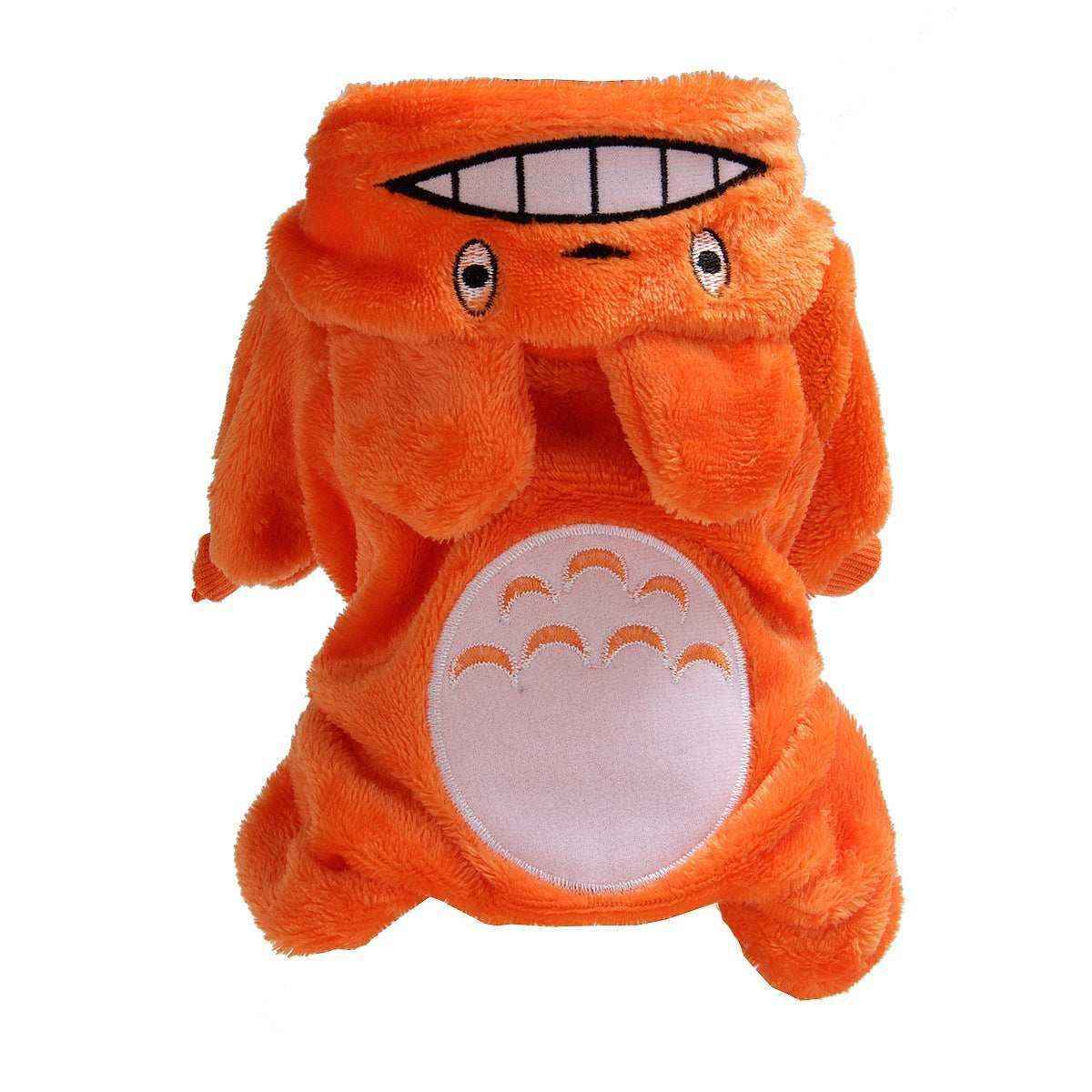 Plush orange dog hoodie with cartoon face, ears, and white belly patch with orange claws