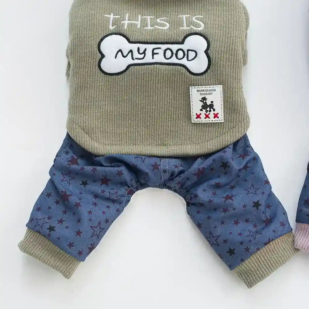 Dog outfit with olive knit top reading 'This is my food' and blue star-patterned pants