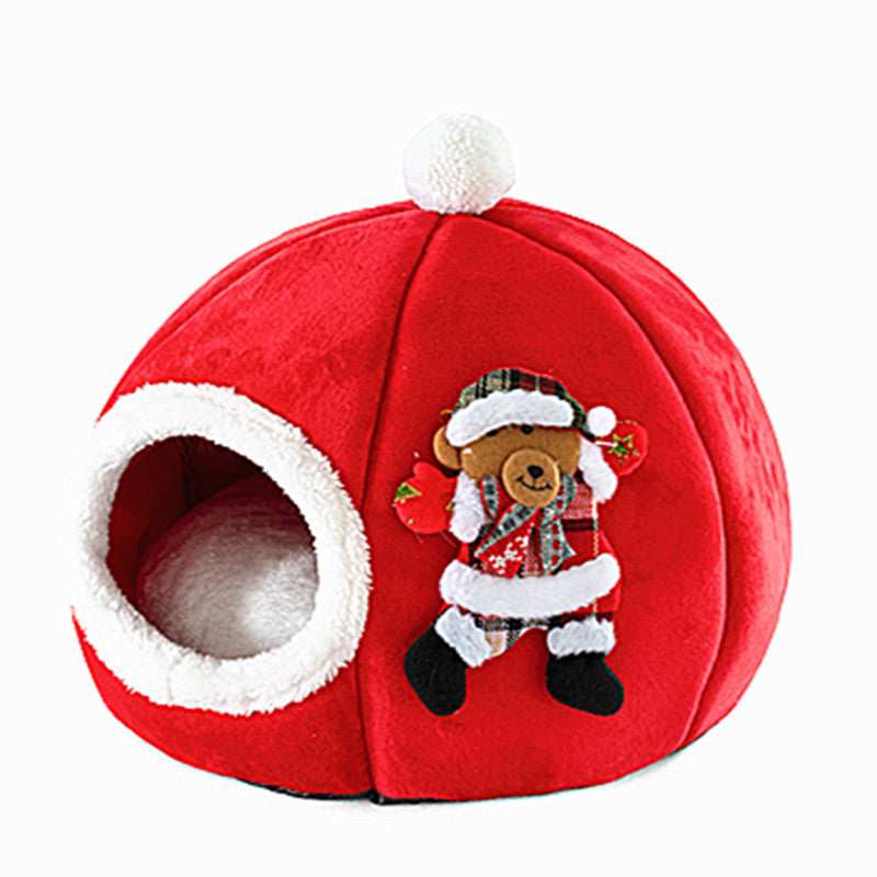 Round Christmas Cat and Dog House with Fleece Entrance and Removable Cushion