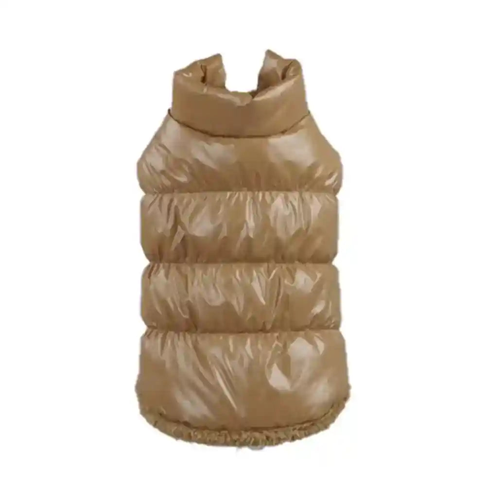 brown shiny puffer dog jacket with high collar and quilted design