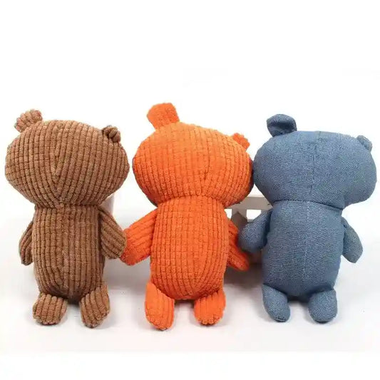 Three corduroy teddy bears in brown, orange, and blue, shown from the back on a white background