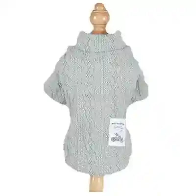 Light gray knitted cable sweater for dogs displayed on wooden mannequin