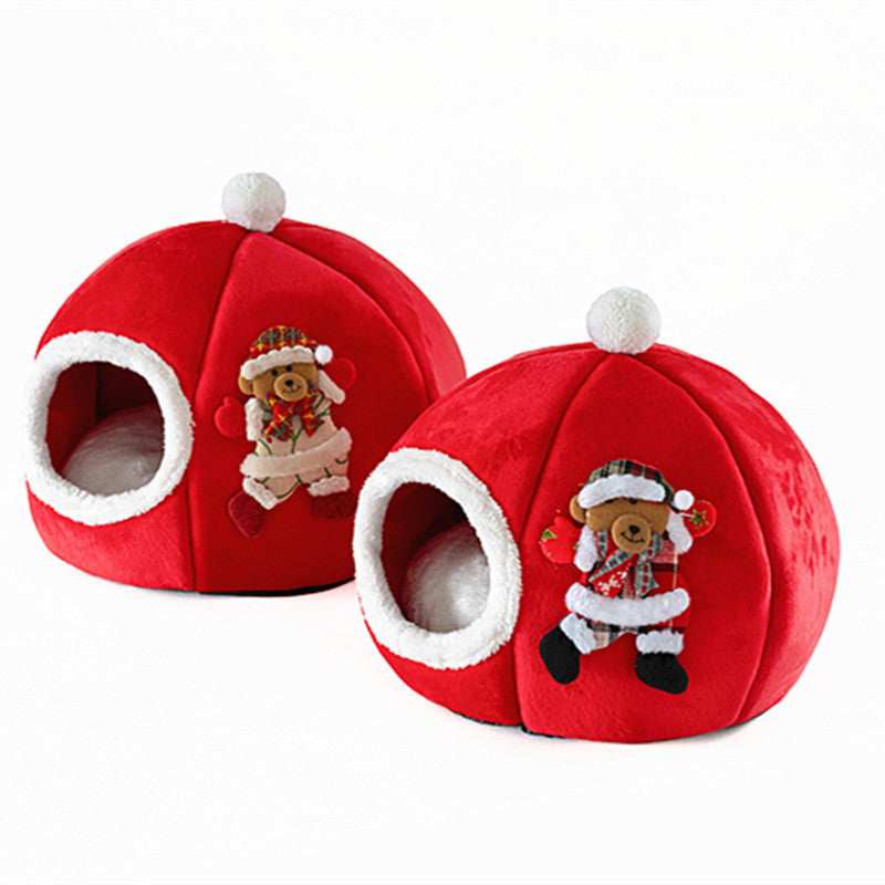 Round Christmas Cat and Dog House with Fleece Entrance and Removable Cushion